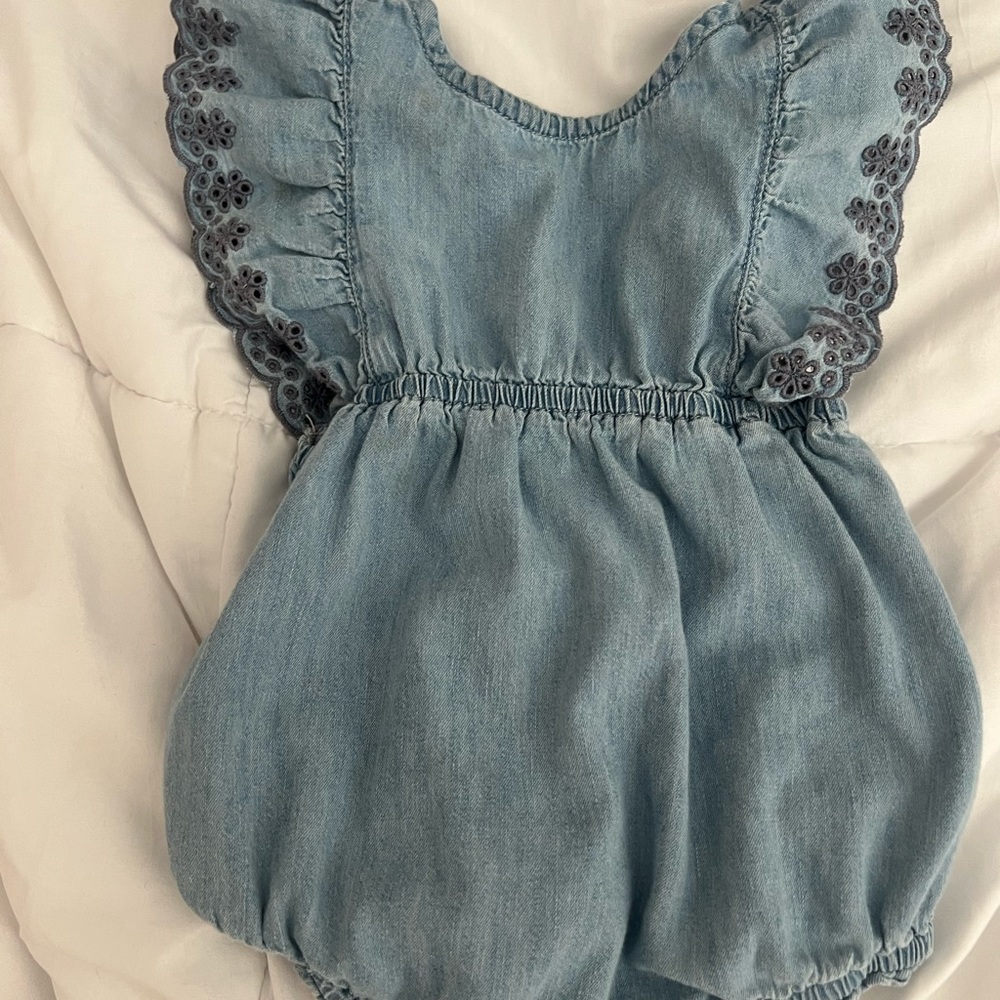 Gap Blue Denim Baby Romper with Lace Trim